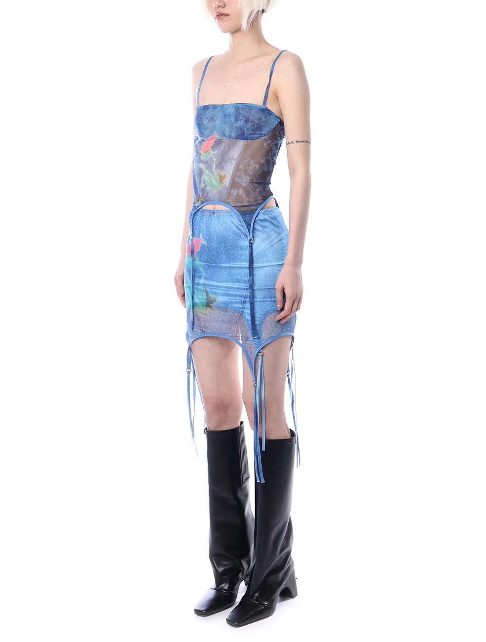 RoomSERVICE x Shyness exclusive Denim Print Suspender Skirt