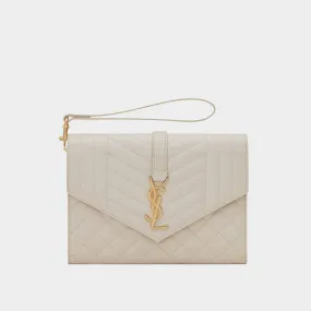 SAINT LAURENT Monogram Matelassé Leather Clutch - CREMA SOFT