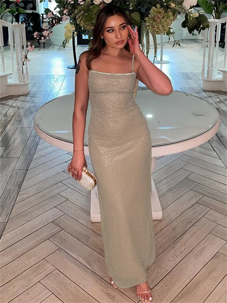 Sequins Women Summer Party Dress Bodycon Glitter Sexy Long Dresses Beach Backless Spaghetti Strap Y2K 2023 Strapless