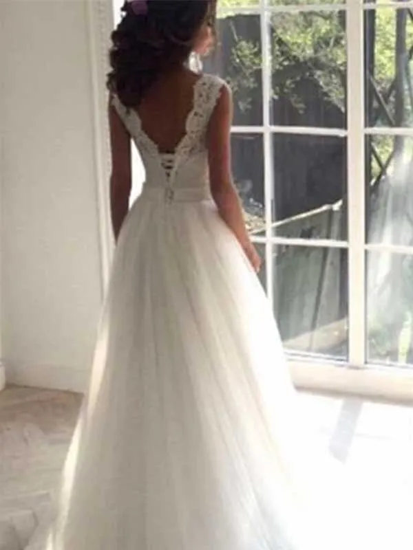 Simple A-line Lace Sleeveless Open Back Wedding Dress, WD0485