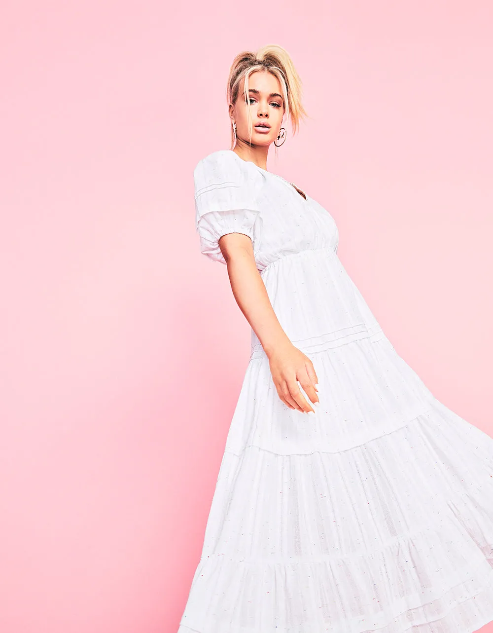 SPECTATOR PUFF SLEEVE MIDI DRESS WHITE | RE:LUV