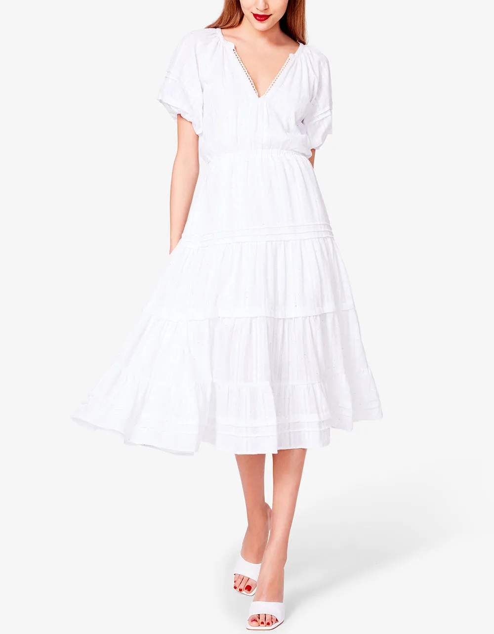 SPECTATOR PUFF SLEEVE MIDI DRESS WHITE | RE:LUV