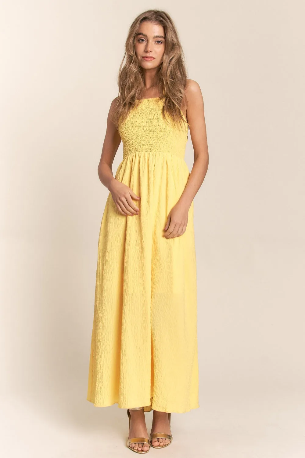 Texture Crisscross Back Tie Smocked Maxi Dress