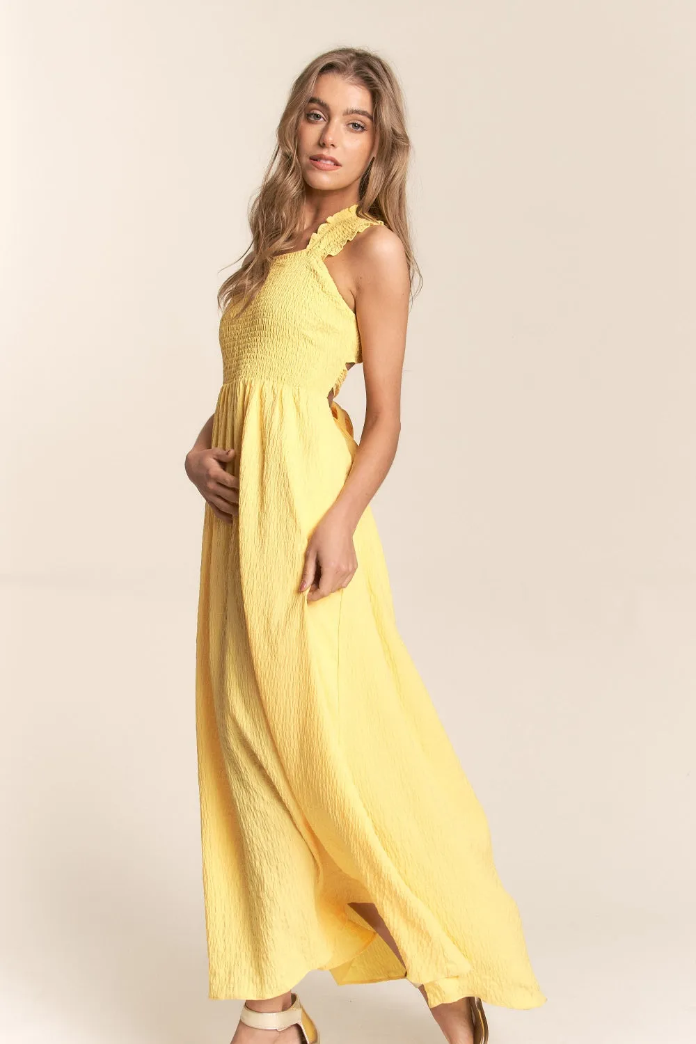 Texture Crisscross Back Tie Smocked Maxi Dress