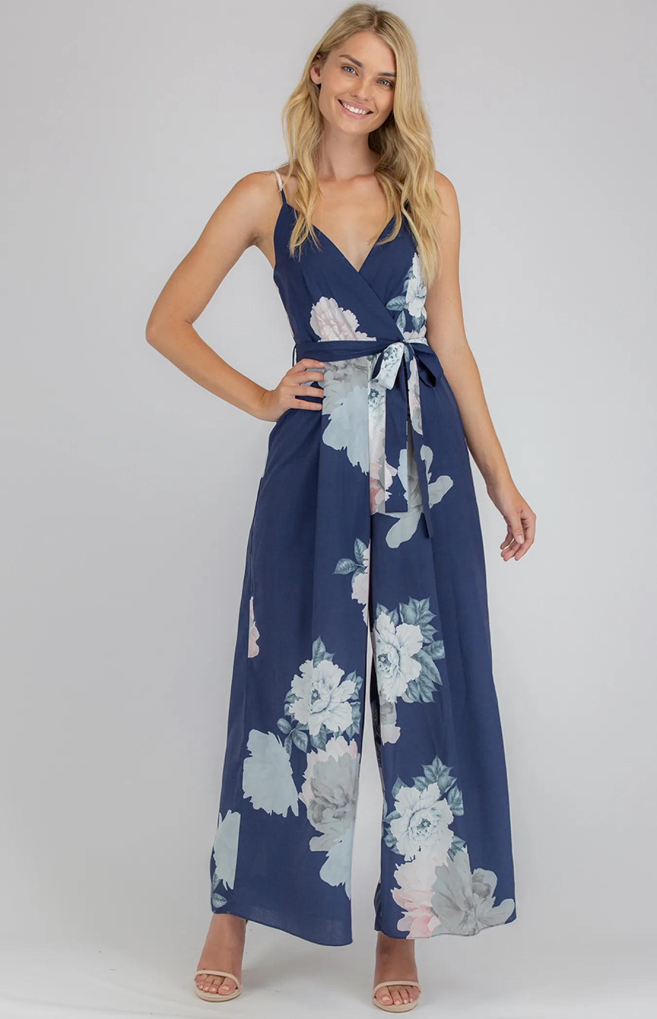 V-Neck Floral Jumpsuit with Wide Leg Hem (AJP828B)