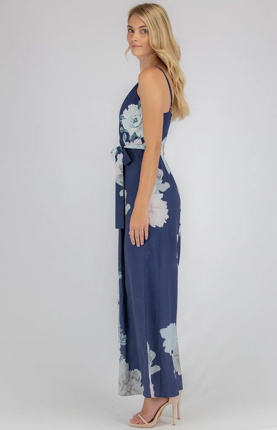 V-Neck Floral Jumpsuit with Wide Leg Hem (AJP828B)