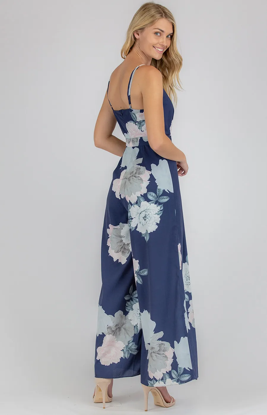 V-Neck Floral Jumpsuit with Wide Leg Hem (AJP828B)