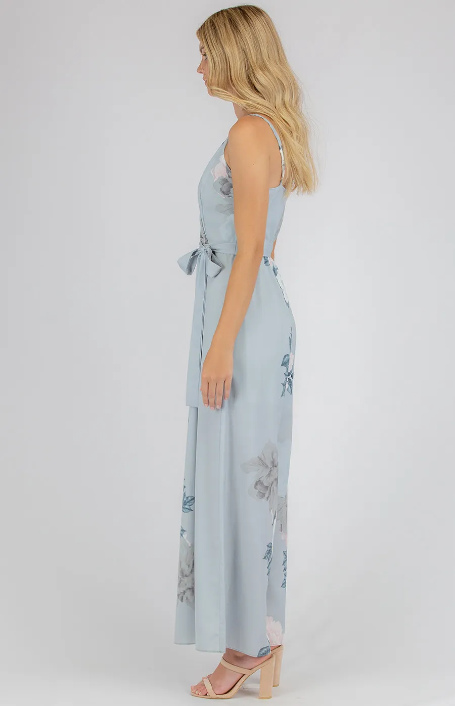 V-Neck Floral Jumpsuit with Wide Leg Hem (AJP828B)