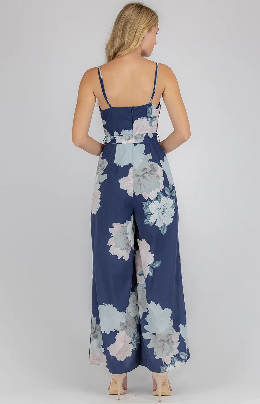 V-Neck Floral Jumpsuit with Wide Leg Hem (AJP828B)