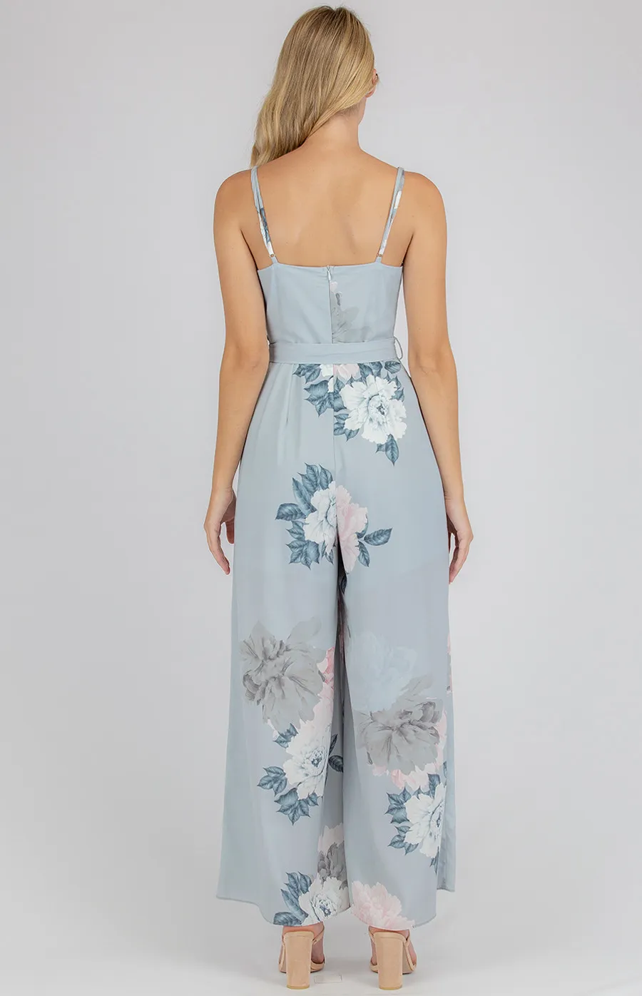 V-Neck Floral Jumpsuit with Wide Leg Hem (AJP828B)