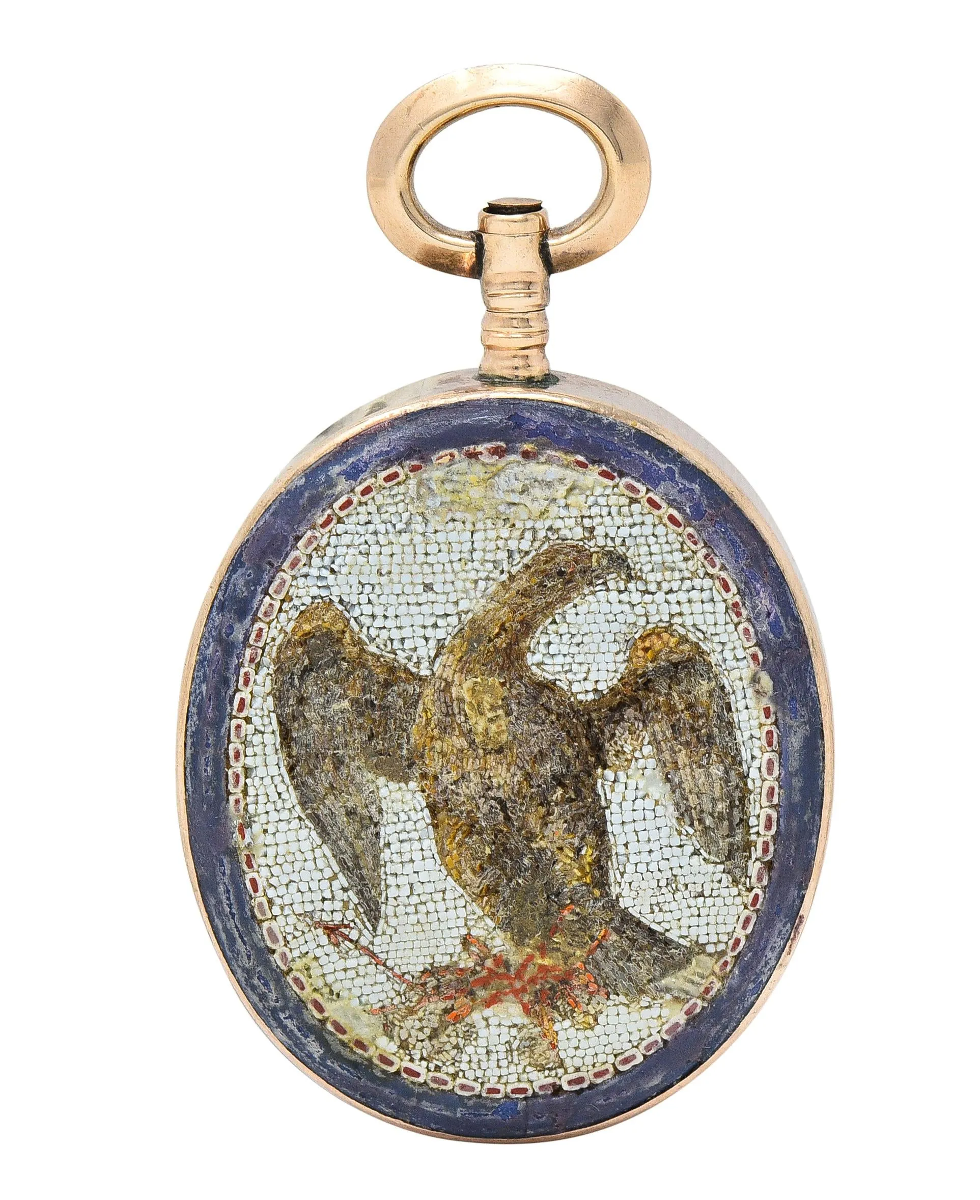 Victorian Carnelian Enamel Glass 14 Karat Rose Gold Intaglio Crest Eagle Americana Antique Micro-Mosaic Fob Pendant