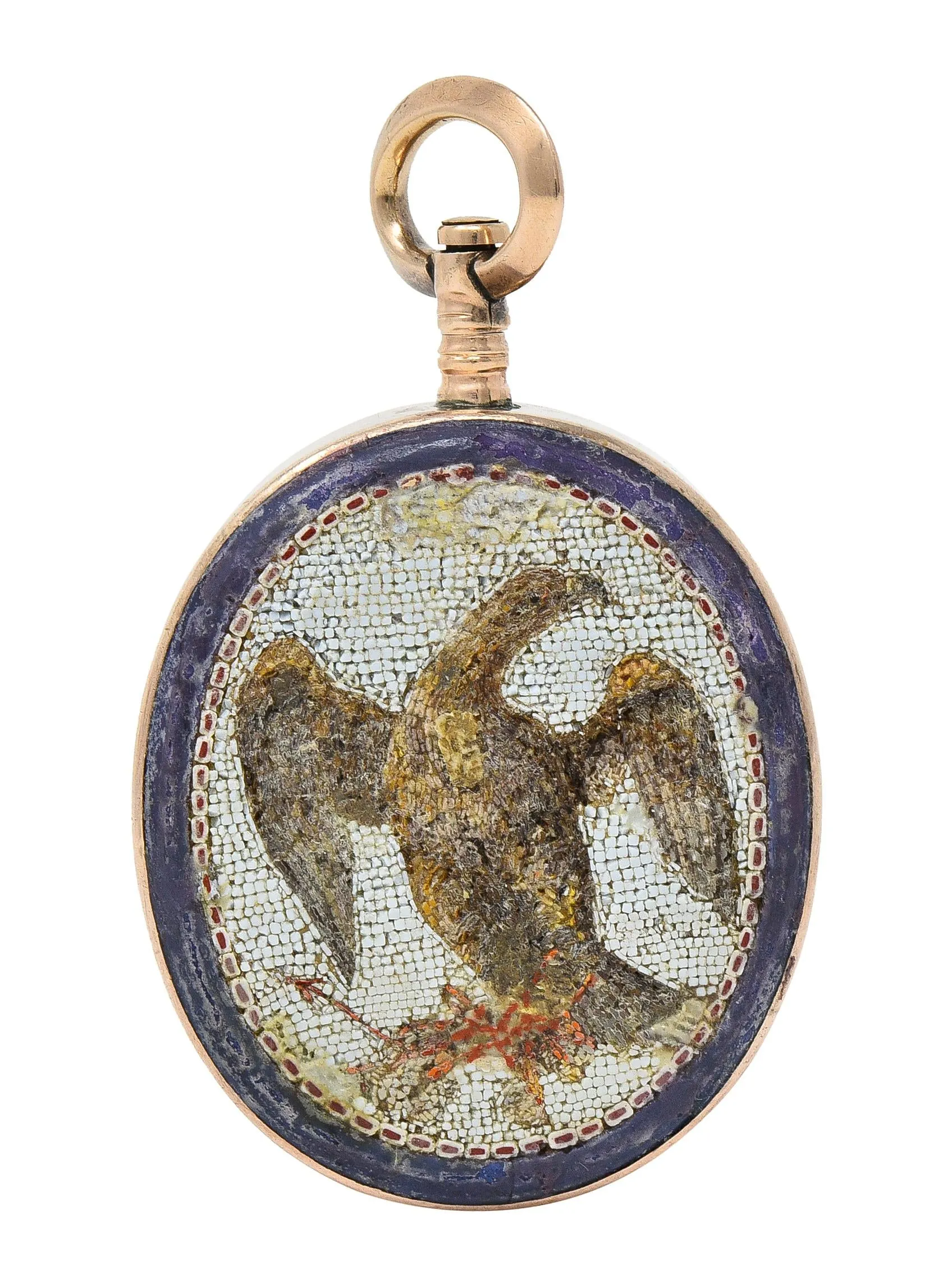 Victorian Carnelian Enamel Glass 14 Karat Rose Gold Intaglio Crest Eagle Americana Antique Micro-Mosaic Fob Pendant