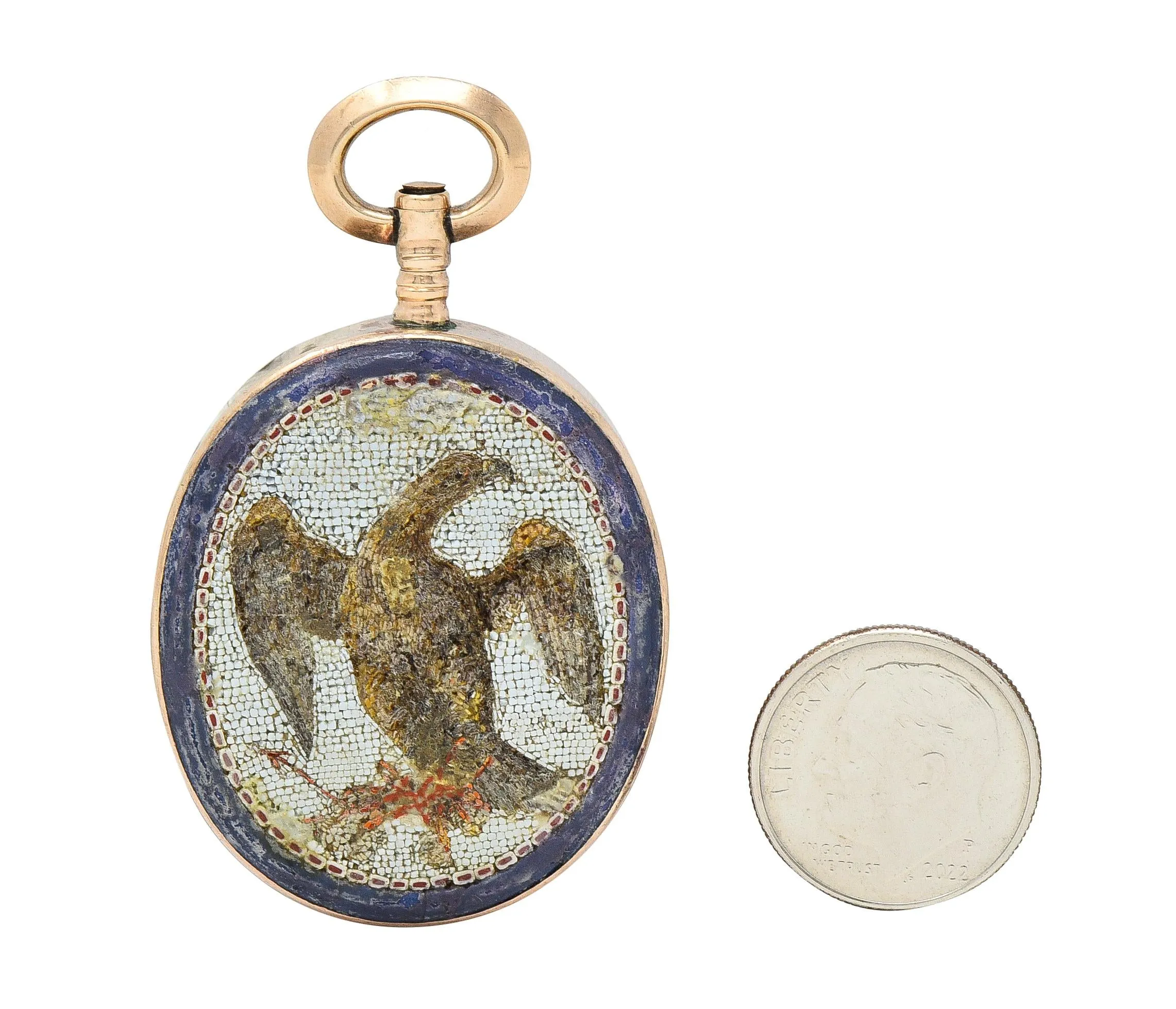 Victorian Carnelian Enamel Glass 14 Karat Rose Gold Intaglio Crest Eagle Americana Antique Micro-Mosaic Fob Pendant