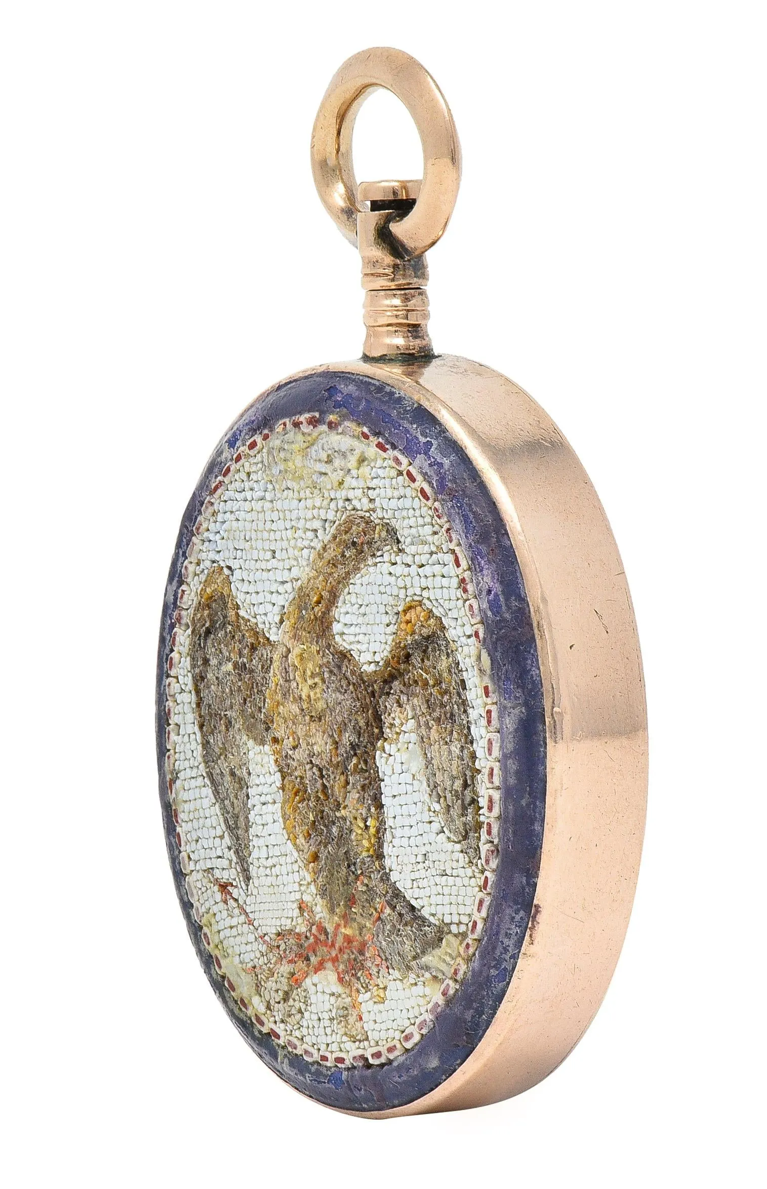 Victorian Carnelian Enamel Glass 14 Karat Rose Gold Intaglio Crest Eagle Americana Antique Micro-Mosaic Fob Pendant