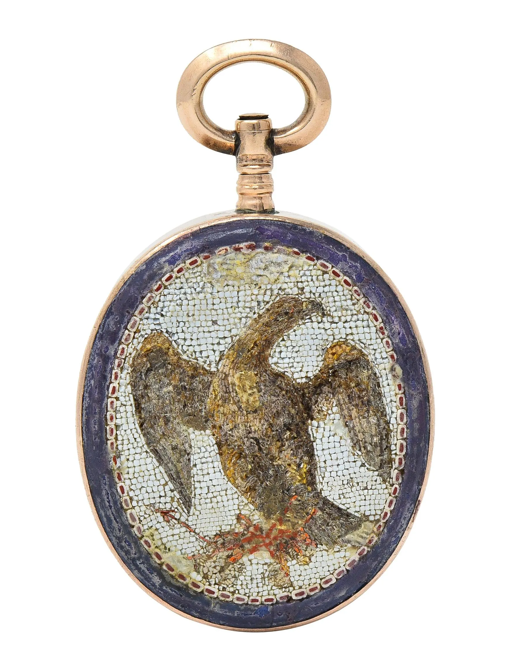 Victorian Carnelian Enamel Glass 14 Karat Rose Gold Intaglio Crest Eagle Americana Antique Micro-Mosaic Fob Pendant