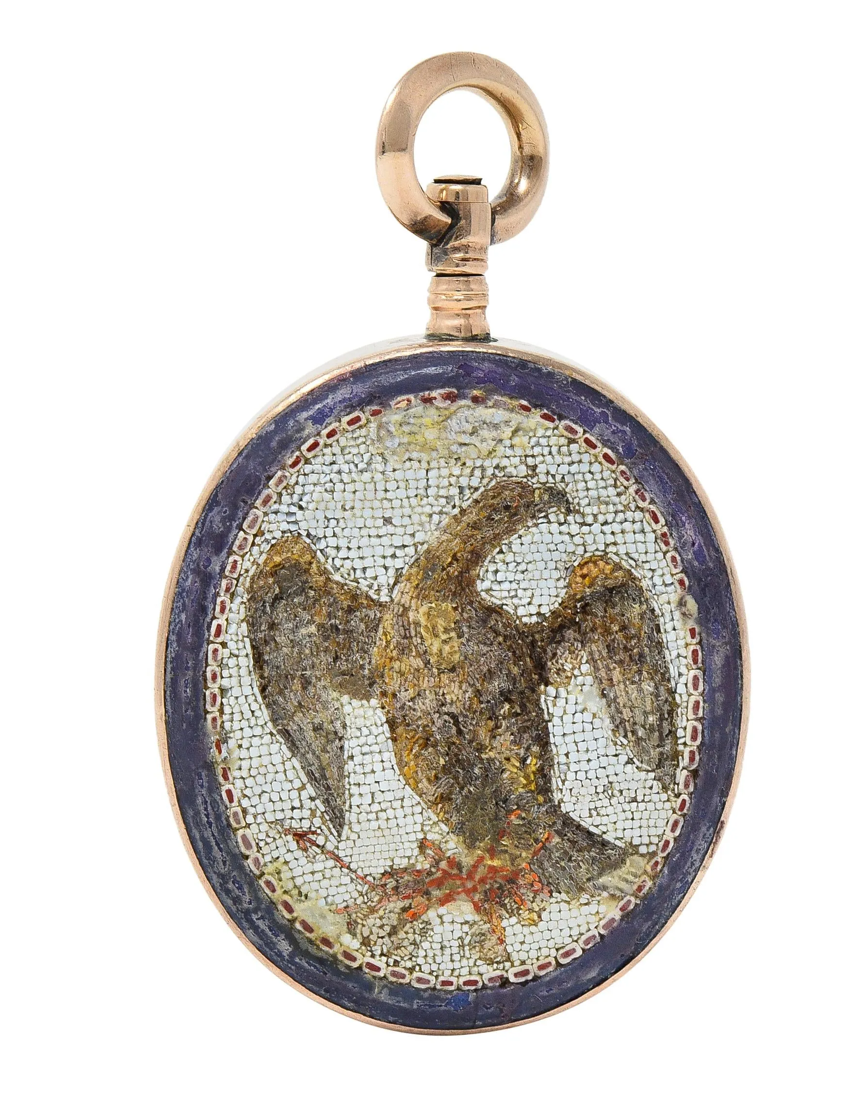 Victorian Carnelian Enamel Glass 14 Karat Rose Gold Intaglio Crest Eagle Americana Antique Micro-Mosaic Fob Pendant