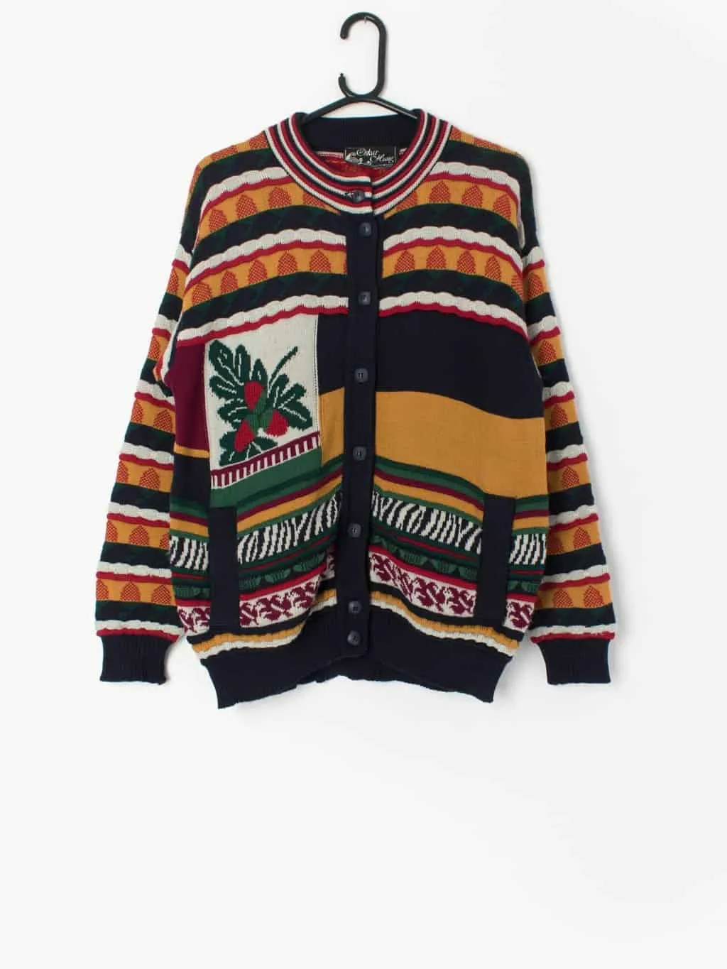 Vintage Irish knit cardigan with multicoloured stripes and strawberries – Medium