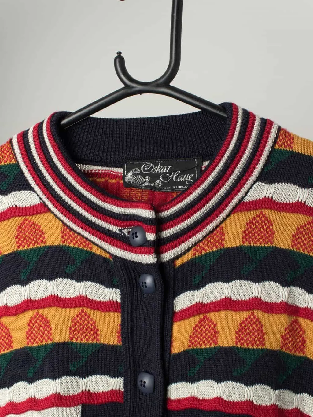 Vintage Irish knit cardigan with multicoloured stripes and strawberries – Medium