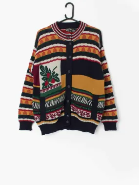 Vintage Irish knit cardigan with multicoloured stripes and strawberries – Medium