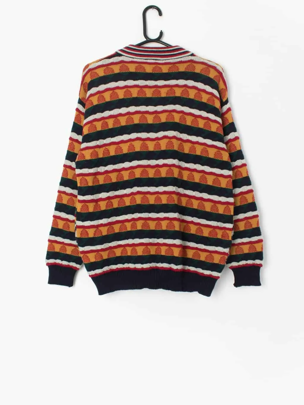 Vintage Irish knit cardigan with multicoloured stripes and strawberries – Medium