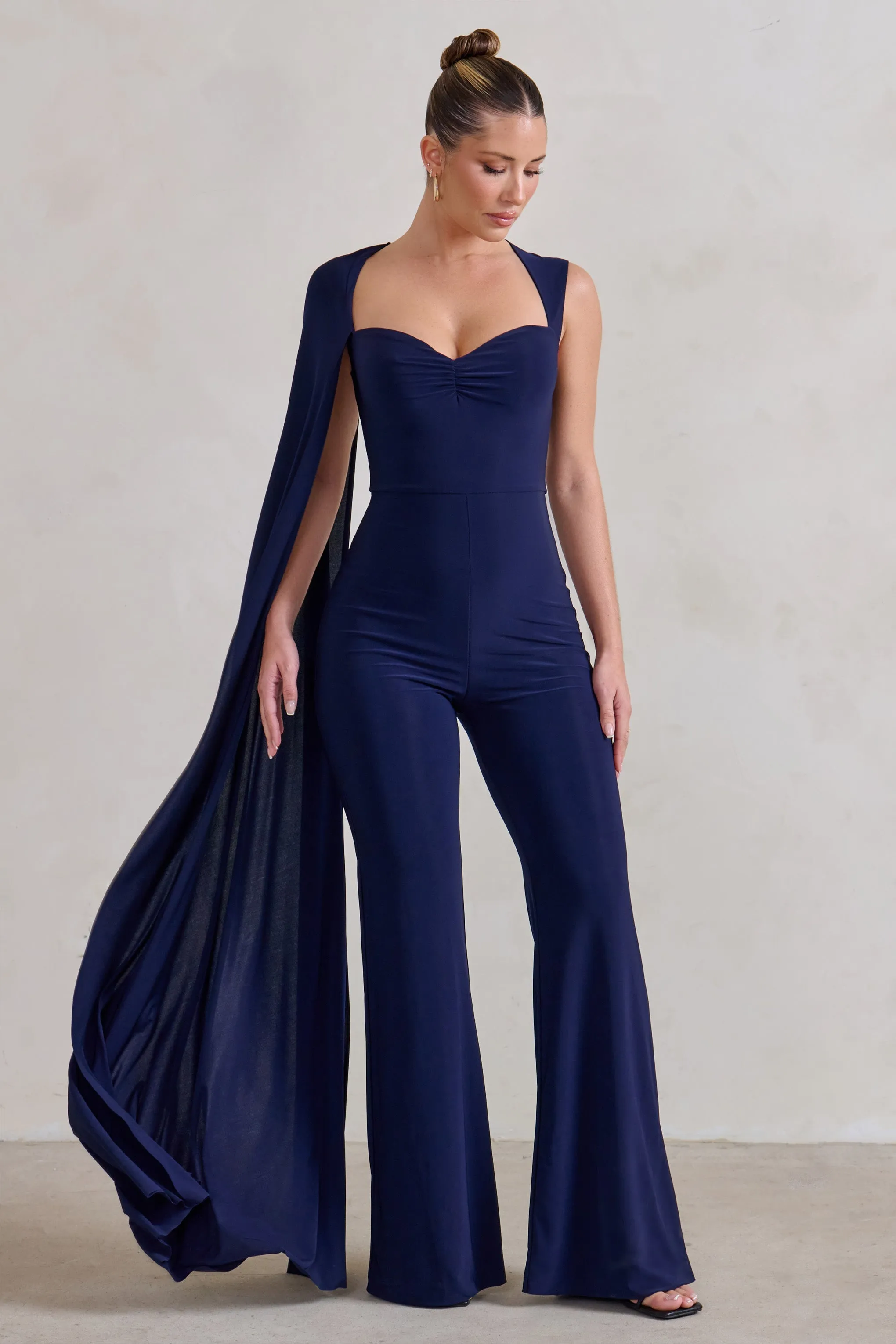 Vivi | Navy Asymmetric Cape Sleeve Jumpsuit