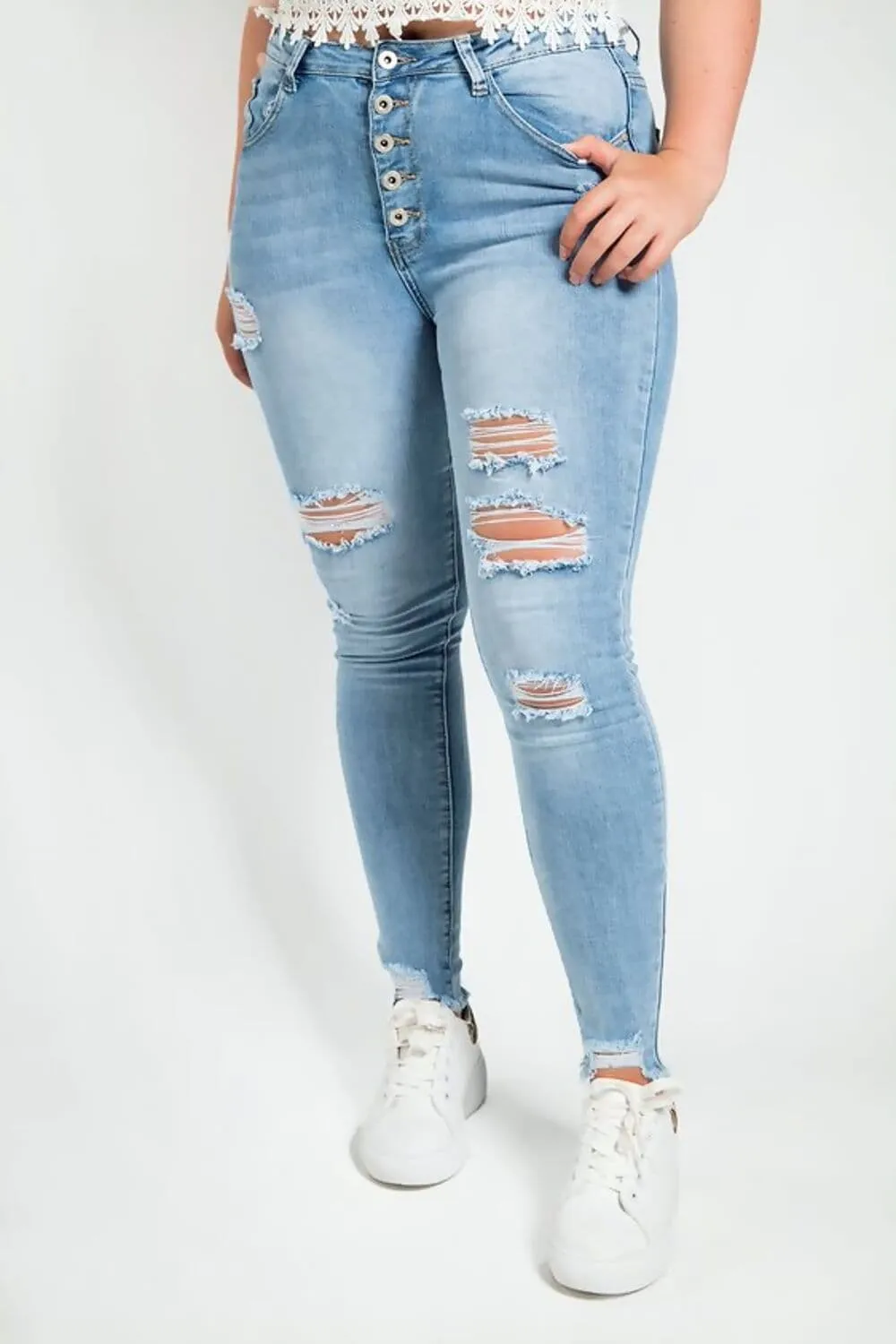 Walking Trophy Blue High Waist Button Front Ripped Skinny Jeans