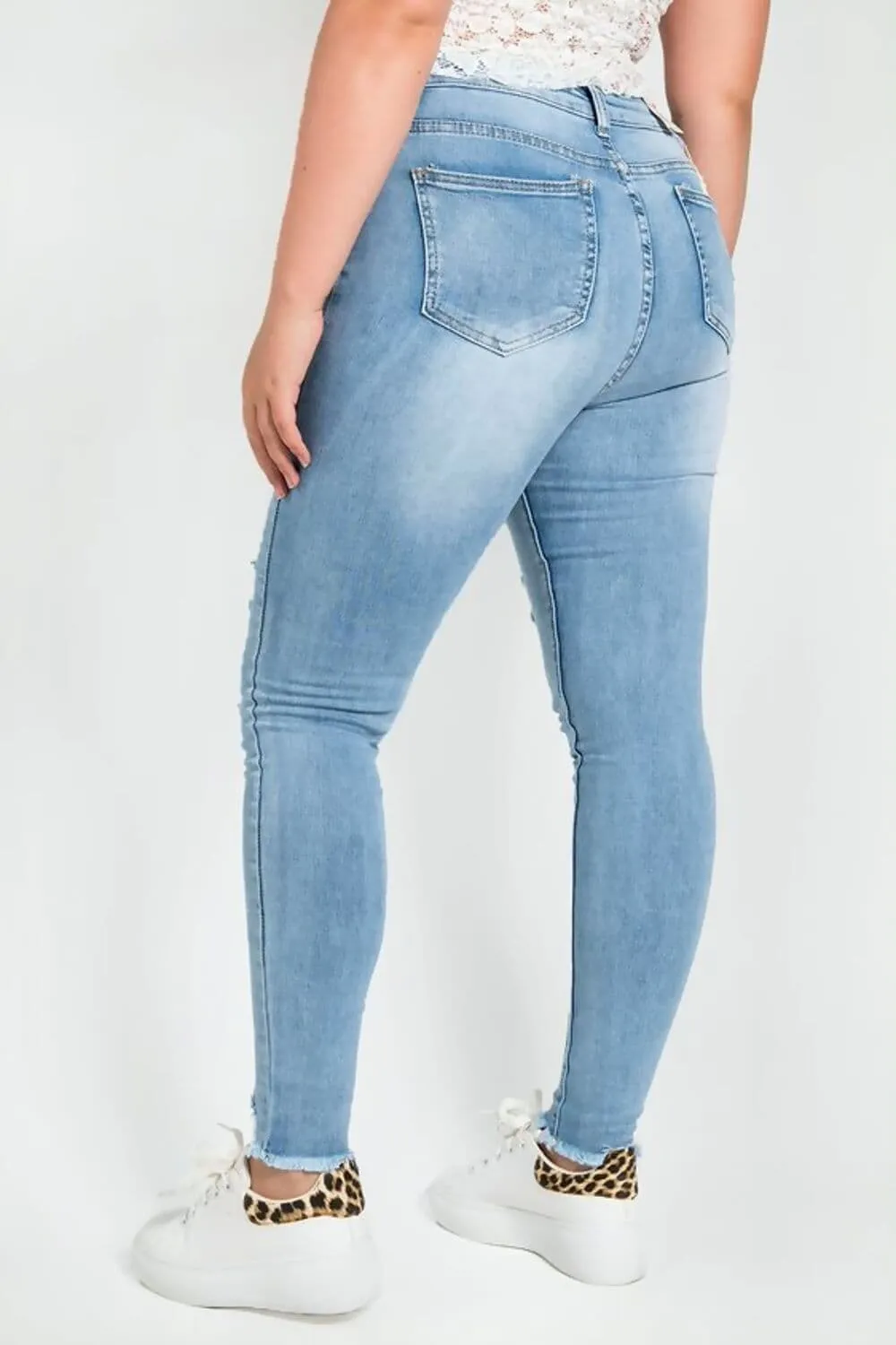 Walking Trophy Blue High Waist Button Front Ripped Skinny Jeans