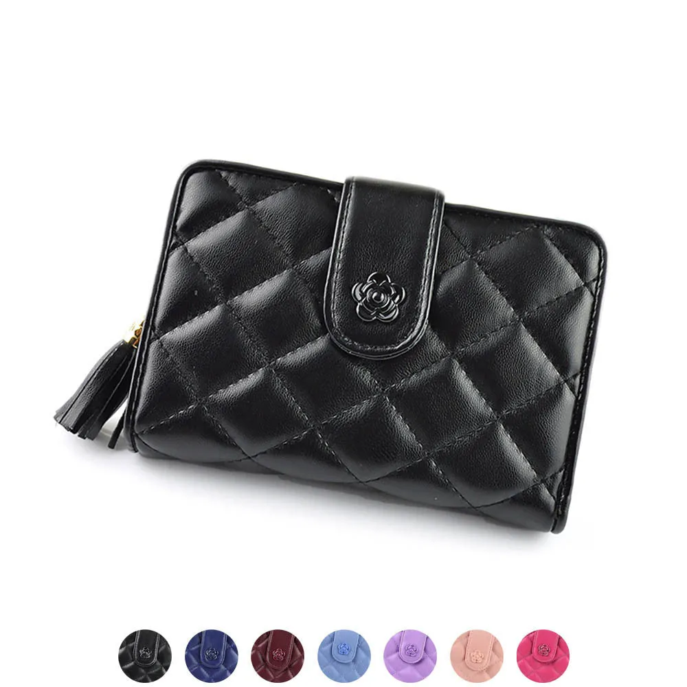 Women Zipper Drawstring Grid leather Purse Clutch Wallet Bag Card Holder Hbags